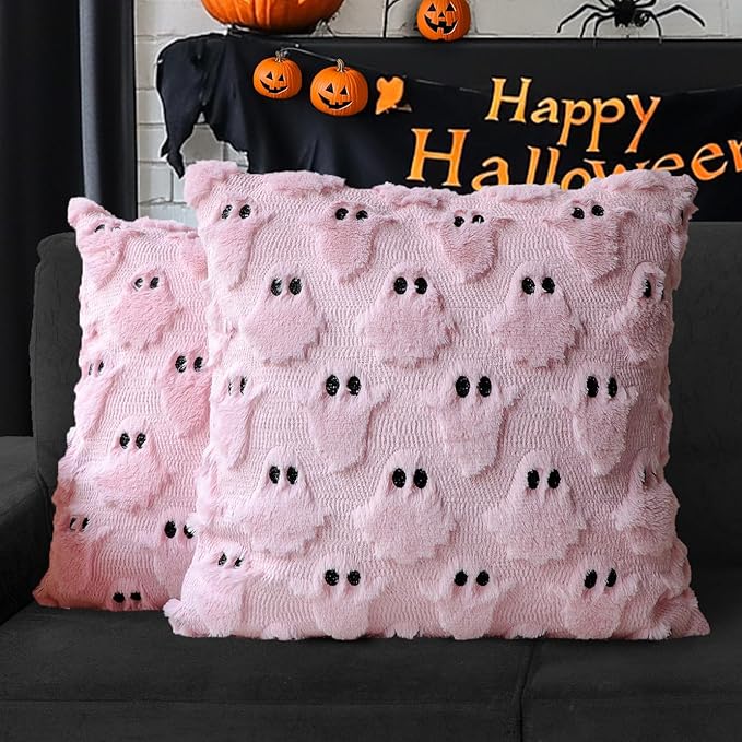 4TH Emotion Halloween Ghost Decorative Pillow Covers 18x18 Set of 2, Pink Soft Plush Faux Fur Farmhouse Throw Cushion Cases for Fall Autumn Holiday Home Decorations
