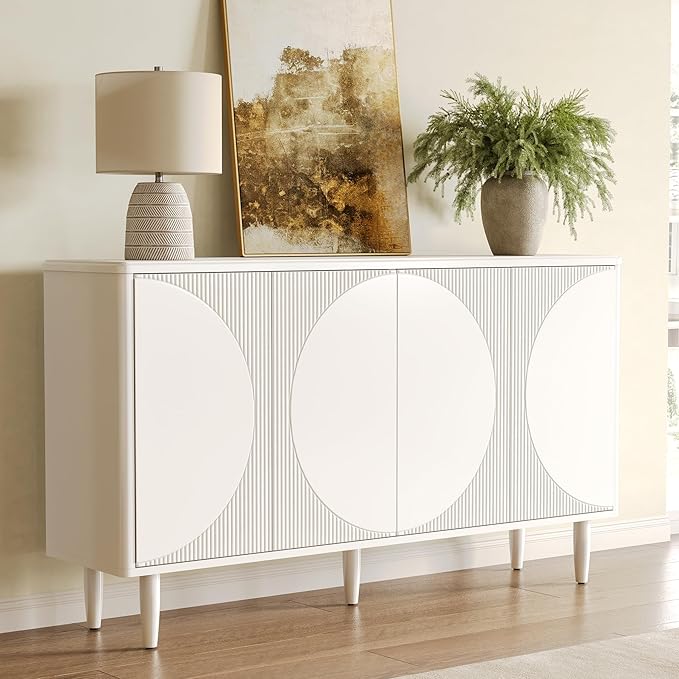LITTLE TREE 59-Inch Buffet Cabinet Sideboard with Storage, Modern Sideboard Buffet Table with Doors for Living Room, Dining Room (White)