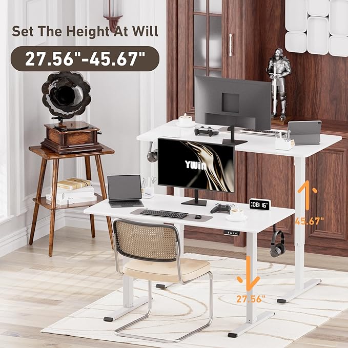 Ywin Electric Height Adjustable Standing Desk, 55 x 24 inches Sit Stand Desk with Wheels, Ergonomic Stand Up Desk for Home Office