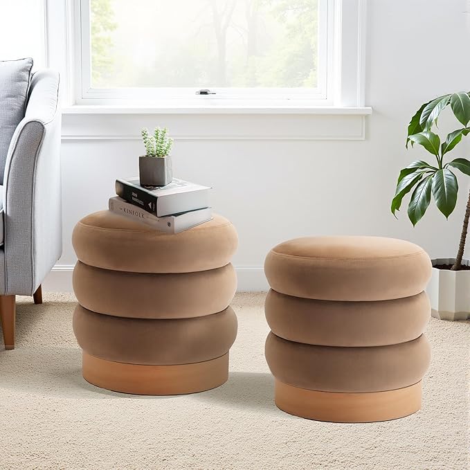 COLAMY Velvet Ottoman Footstool, Tufted Modern Foot Rest Stool with Wood Base for Living Room, Bedroom, Desk, Round Versatile Side End Table, Pouf, Makeup Seat,2pcs,Camel