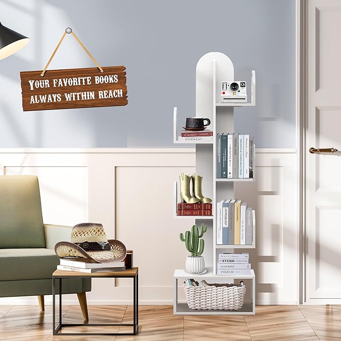 Cactus Tree Bookshelf, 5-Tier Wood 50" Tall Storage Rack for CDs/Movies/Books, Small Space-Saving Organizer Shelves for Living Room, Bedroom, Home Office (Mist Green)