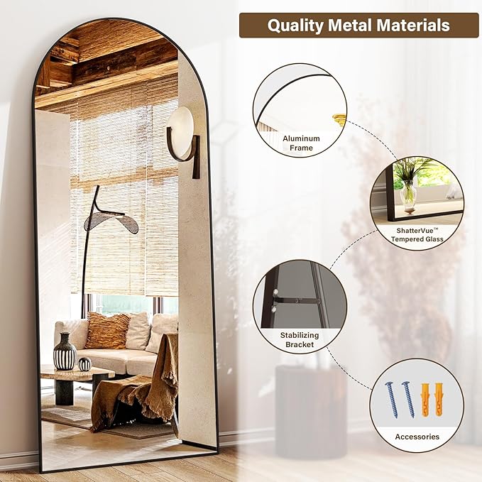 26''x 71'' Arched Full Length Mirror Floor Mirrors with Aluminum Alloy Frame Free-Standing Wall Mounted Floor Mirrors or Large Dressing Mirror, Black Mirror Full Length