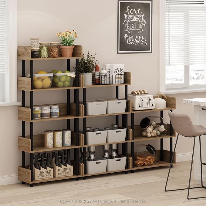 Furinno Turn-N-Tube 3-Tier Multipurposes Display Rack, Open Shelf Rack/Storage with Back & Side Panel, Flagstaff Oak/Black