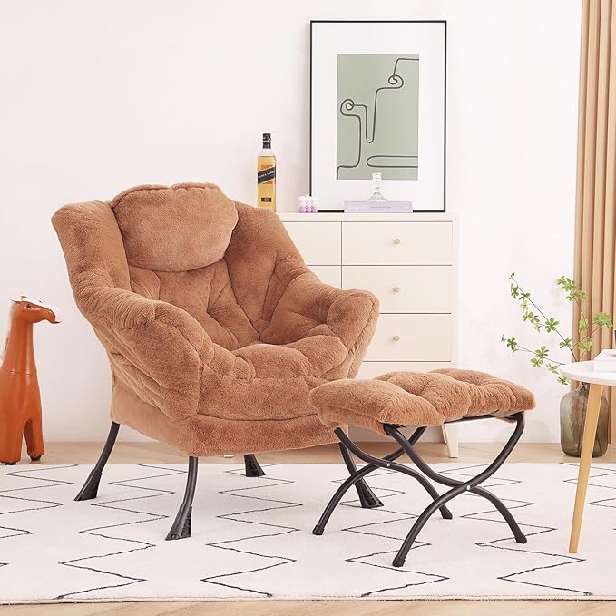 Lazy Chair with Ottoman, Modern Accent Chair Lounge Leisure Sofa Chair with Armrests, Reading Chair and Folding Footstool for Living Room, Bedroom, Office, Plush Brown