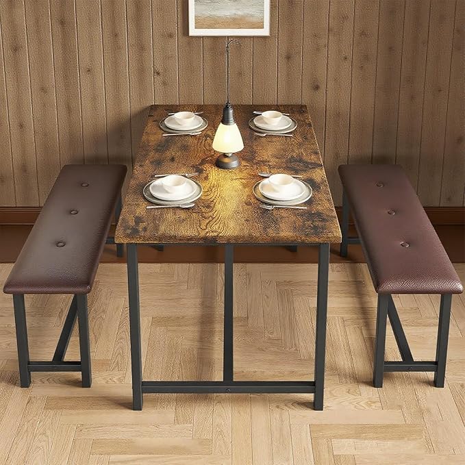 Garvee Dining Table with 2 Benches, Kitchen Table with 2 Upholstered Benches Rectangular Space Saving for Apartment, Dining Room, Kitchen, 44.5 Inches Large, Rustic Brown