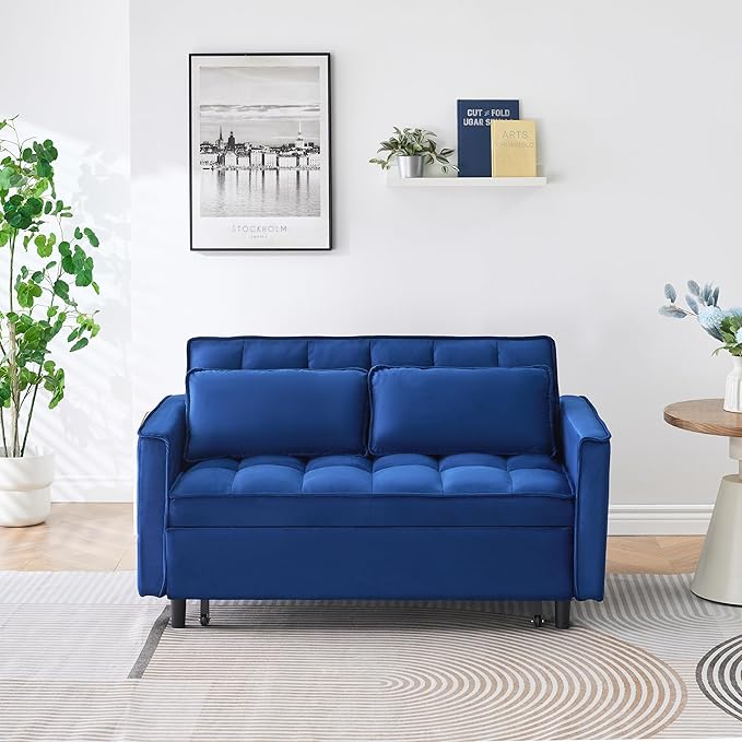 Ball & Cast 3 in 1 Convertible Sleeper Sofa Bed,Velvet Futon Couch with Pull-Out Bed,Convertible Pull Out Couches W/ 2 Pillows,Adjustable Backrest & Side Pocket,for Living Room,Apartment,Blue,55"