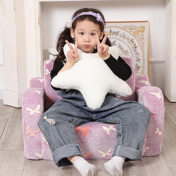 Butterfly Glow in The Dark Toddler Couch, 2-in-1 Toddler Soft Couch Fold Out with Star Pillow, Convertible Sofa to Lounger for Girls and Boys, 1-Seat