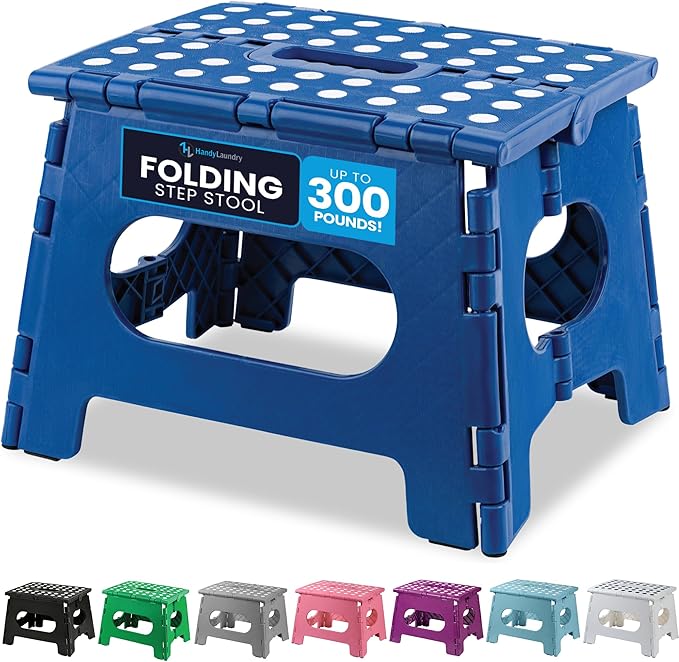 Handy Laundry Folding Lightweight Step Stool - Sturdy Enough to Support Adults and Safe Enough for Kids - Opens Easy with One Flip - Great for Kitchen, Bathroom or Bedroom (Blue)