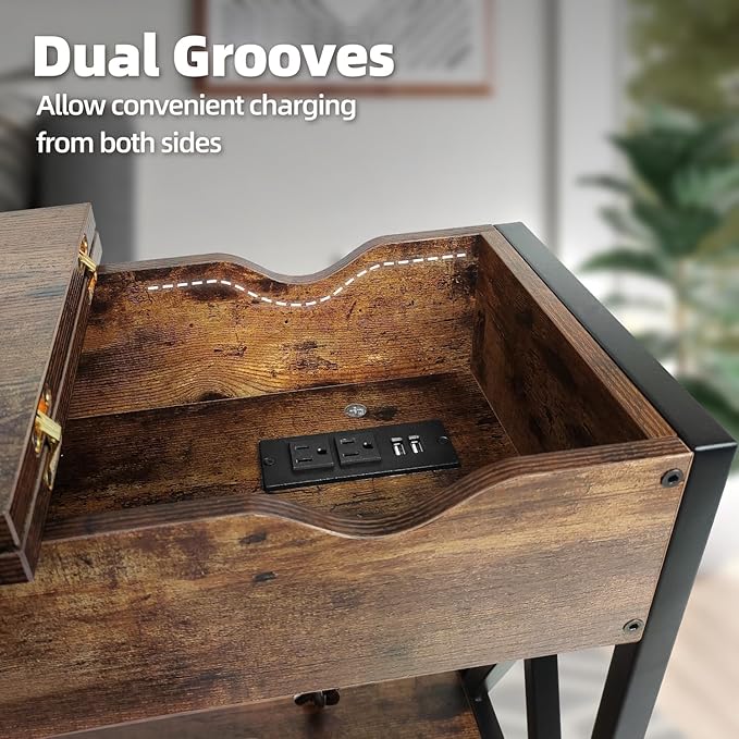 Toocust End Table Living Room with Charging Station, 11"D x 24"W x 23"H, Flip Top Side Table with USB Ports and Outlets, Narrow End Table with 5.3" Deep Drawer, Reinforced Steel X-Frame, Rustic Brown