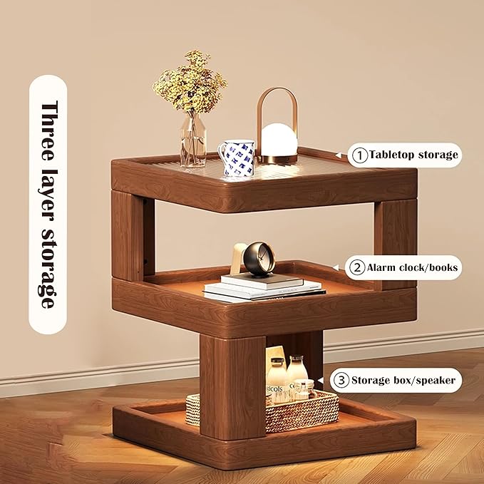 Nightstand Bedside Table with 3-Tier Storage, Modern Solid Rubberwood End Side Table for Bedroom Living Room,Original Wood Color Walnut (15.7" D x 15.7" W x 21.2" H)