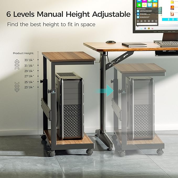 EUREKA ERGONOMIC PC Stand Computer Cart, Height Adjustable Tower Stand 2-Tier Suit for ATX Case Printer, Metal Rolling Cart on Wheels for Gaming Home Office, Walnut