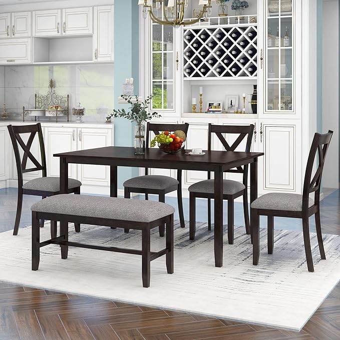 Ball & Cast 6 Piece Dining Table Set with 4 "X-Shaped Curved Backres Fabric Chairs & 1 Bench,Living Room Furniture W/ 60" Rectangle Kitchen Desk,for Restaurant,Home Bistro,Espresso