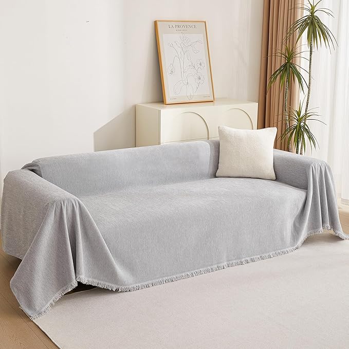 MYSKY HOME Sofa Cover for Dogs, Washable Boho Couch Cover Blanket, Thick Durable Tassel Water Resistant Furniture Protector, 71"x 118", Light Grey