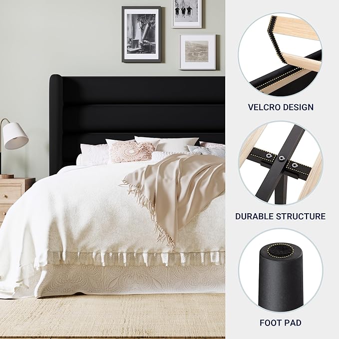 Allewie Full Size Platform Bed Frame with Velvet Upholstered Wingback Headboard, No Box Spring Needed, Under Bed Storage Space, Strong Wooden Slats, Modern Mattress Foundation, Easy Assembly, Black
