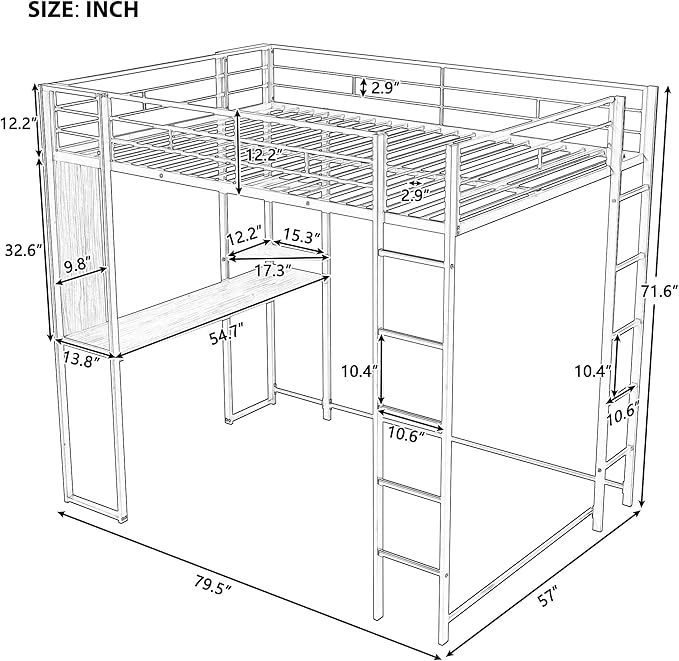 Full Size Metal Loft Bed with 2 Storage Shelves and 1 Desk,Steel Structure Bed Frame W/ 2 Build-in Ladders & Full-Length Guardrails,No Box Spring Needed,for Kids Teens Adults,White