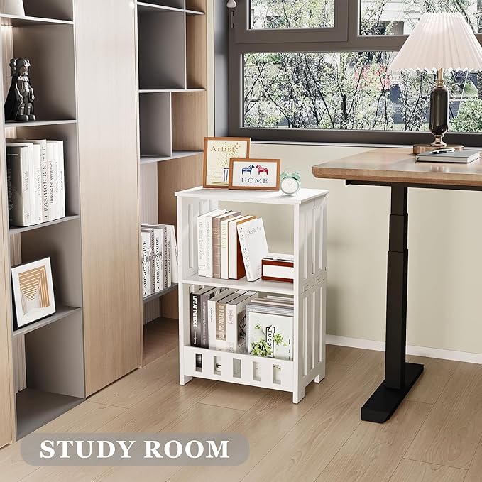 3-Tier End Table Night Stand Set of 2, White Side Table with Storage Shelf, Small Bookshelf Bedside Table for Bedroom, Living Room, Office, Bathroom