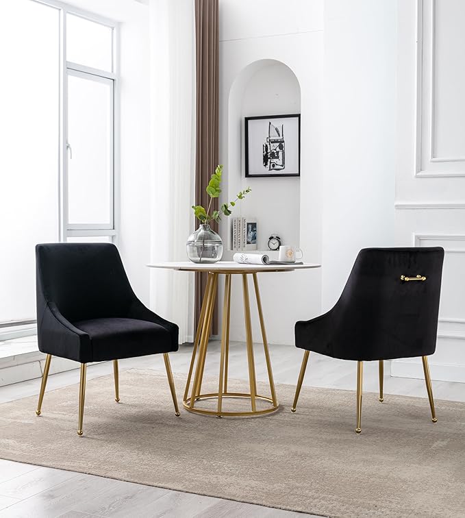 Modern Velvet Dining Chairs Set of 4, Contemporary Upholstered Furniture Collection with Polished Gold Metal Legs, Elegant Accent Chairs for Kitchen Living Room(Black)