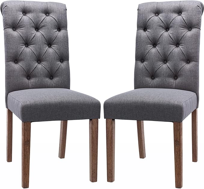 COLAMY Button Tufted Dining Chairs Set of 2, Parsons Upholstered Fabric Dining Room Chairs Kitchen Chairs with Wood Legs and Padded Seat, Dark Grey