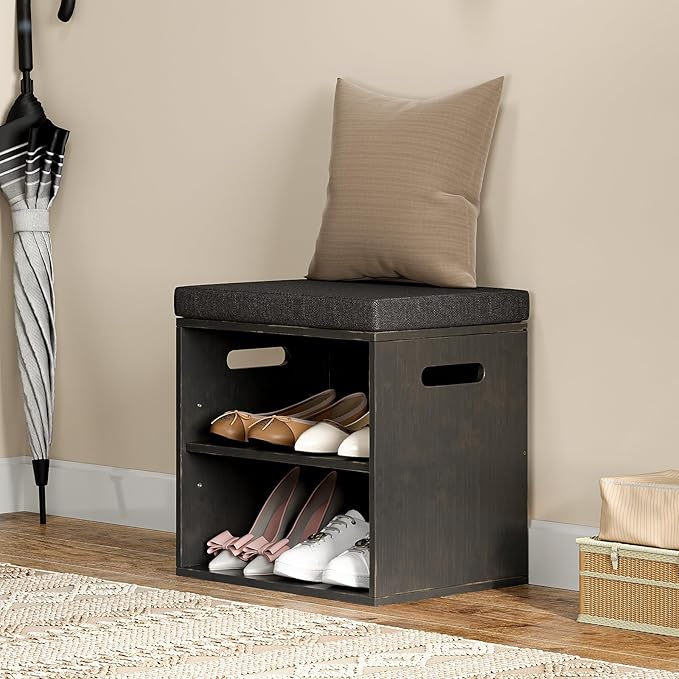 Bamboo Small Shoe Bench for Entryway 2 Tier Shoe Storage Bench with Cushion Adjustable Shoe Rack with Padded Seat for Living Room Hallway (Antique Black)