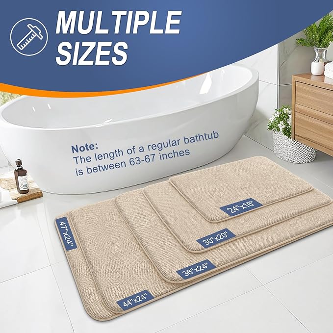 OLANLY Thick Memory Foam Bath Mat Rug 70x24, Extra Soft Absorbent Bathroom Rug, Quick Dry Bath Mats, Non-Slip, Machine Washable Carpet for Bathroom, Tub and Shower, Home Decor Accessories, Beige