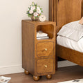 Small Nightstand, Narrow Tall Beside Table with 2 Drawers and Open Shelf, Walnut Solid Wood Night Stand, Mid Century Modern Nightstand for Bedroom (10 inch)