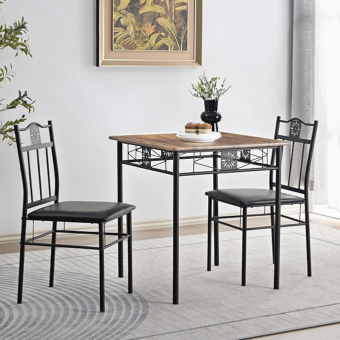 VECELO 3-Piece Small Kitchen Dining Table Set for 2, PU Padded Chairs, Retro Brown