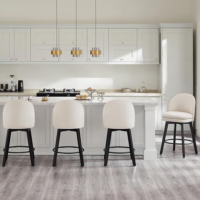 Counter Height Barstools 26 inch Upholstered Swivel Bar Stools with Back and Wood Legs for Kitchen Island,Set of 4,Beige Fabric-Armless