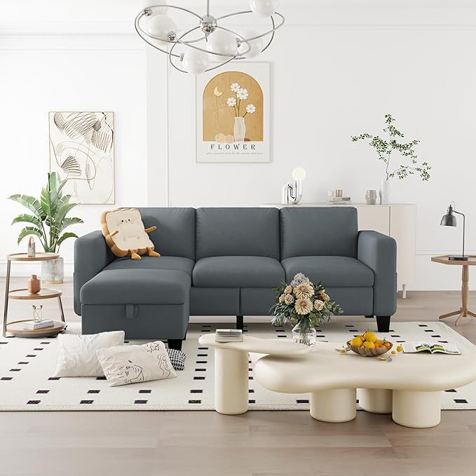 ZeeFu Convertible Sectional Sofa Couch,Classic 3 Seat L-Shaped Sofa with Movable Ottoman, Modern Dark Grey Velvet Fabric Upholstered Small Sectional Sofa Couch for Small Apartment Living Room Office