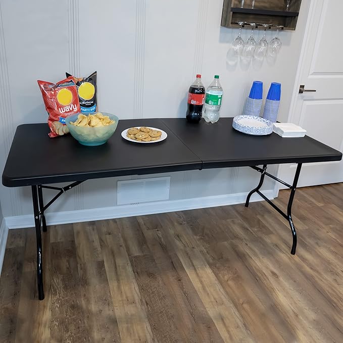 Everyday Home Folding Table - Lightweight Portable Folding Desk - 6-Foot-Long Plastic Table for Camping, Playing Cards, Parties, and Dining (Black)