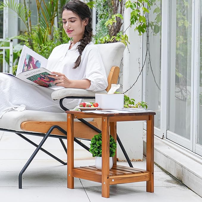Utoplike Teak Side Table Outdoor, Patio End Table Double Layer, Wooden Coffee Accent Tables for Backyard, Garden, Bed, Living Room, Couch, Two-Tier