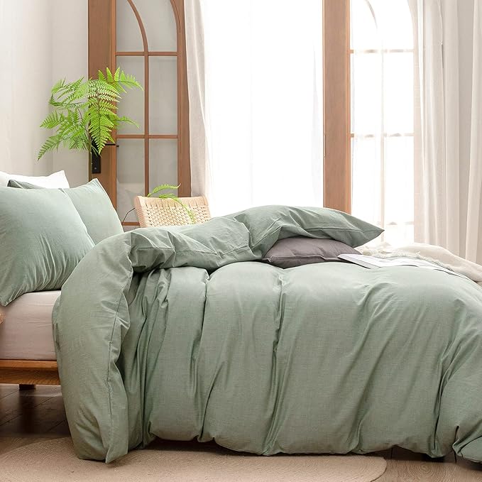 BESTOUCH Duvet Cover Set 100% Washed Cotton Linen Feel Super Soft Comfortable Chic Lightweight 3 PCs Home Bedding Set Solid Green Queen