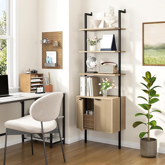 Yusong 73" Tall Bookshelf with Cabinet, Industrial Ladder Wall Mount Shelf Bookcase with Wood and Metal Frame, Plant Shelf Wall Storage Display for Living Room Bedroom, Wavy Light Ivory