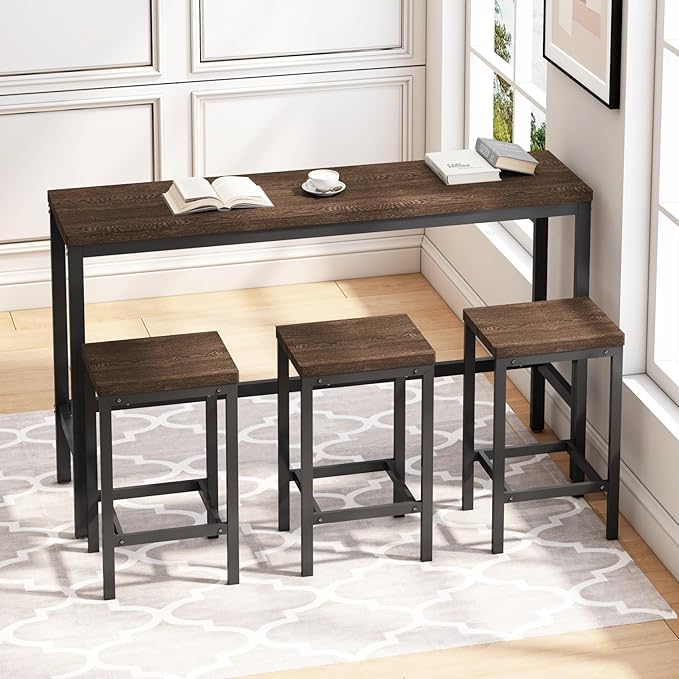 KEIKI 60.24” Long Bar High Top Dining Table and 3 Stools Chairs Set, Wood Behind Couch Sofa Counter Height Pub Furniture for Breakfast, Kitchen Living Party Room, Dark Brown