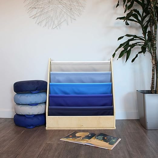 Factory Direct Partners 13745-NVPB Birch SoftScape Sling Book Display, 4-Shelf Vinyl Storage for Kid"s Books and Magazines for Bedroom, Playroom, Daycare, Preschool or Classroom - Navy/Powder Blue