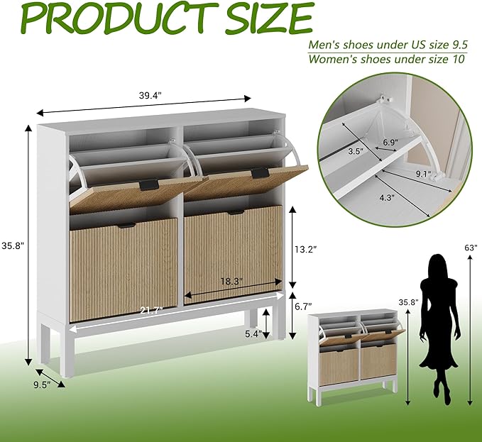 GarveeHome Fluted Shoe Storage Cabinet with 4 Flip Drawers, Narrow Wooden Shoe Organizer with Metal Legs, Modern Farmhouse Hidden Shoe Rack for Entryway, Hallway, White+Oak