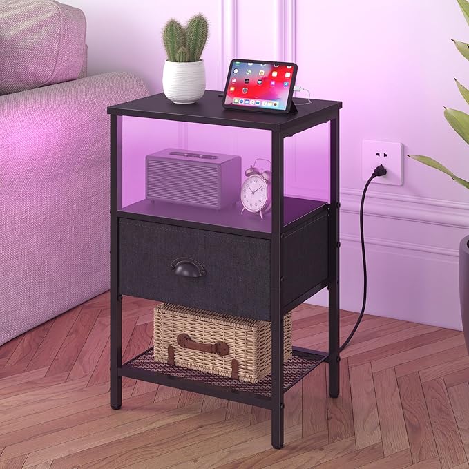 Sthmec Nightstands with Charging Station, LED Bedside Tables with Charging Station and Fabric Drawer, Night Stand with Storage, 3 Tier Side Table with Open Shelf, LED Nightstand Bedside Table,Black