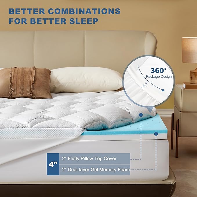 Bedlore 4-Inch Queen Mattress Topper for Back Pain - Dual Layer Medium Support (2" Gel Memory Foam + 2" Cooling Fluffy Pillow Top Pad), Breathable & Pressure Relief (White)