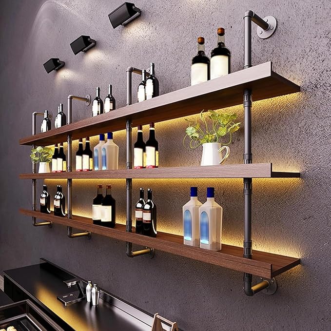 Large Wine Rack with LED Light Solid Wood Wall Mounted Wine Rack, 3-Tiers Liquor Bottles Floating Shelves Display Storage Organizer for Home Bar & Dining Room (80cm/31.4in)