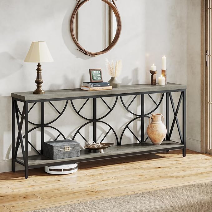 70.9-Inch Extra Long Sofa Table, Narrow Console Table Behind Couch with Storage for Entryway, Living Room, Entrance, Hallway, Foyer, Unique Geometric (Grey)
