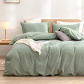 BESTOUCH Duvet Cover Set 100% Washed Cotton Linen Feel Super Soft Comfortable Chic Lightweight 3 PCs Home Bedding Set Solid Green Oversized Queen