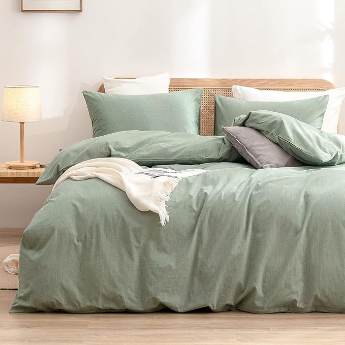 BESTOUCH Duvet Cover Set 100% Washed Cotton Linen Feel Super Soft Comfortable Chic Lightweight 3 PCs Home Bedding Set Solid Green Oversized King