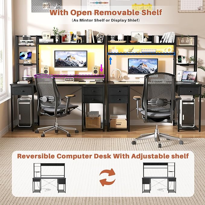 Aheaplus LED Gaming Desk with Hutch, 47.2'' Computer Workstation, Black
