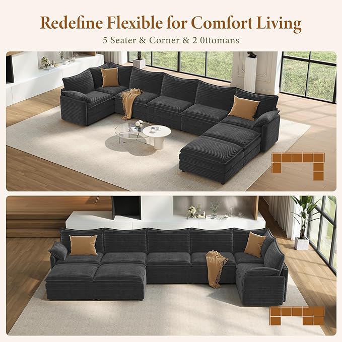 Vesgantti Large Modular Sectional Sofa, Big Comfy Cloud Couch with Ottoman Deep Seat Corduroy Cloud Sofa, 8 Seater Large Sectional Couches for Living Room, Bedroom and Apartment, Gray