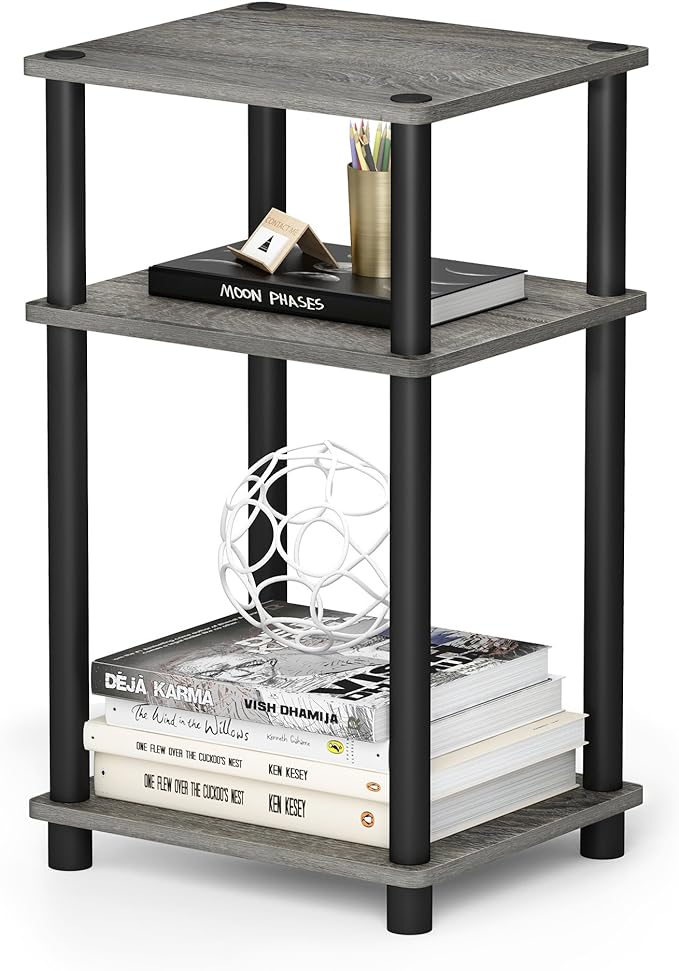 Furinno Just 3-Tier Turn-N-Tube End Table / Side Table / Night Stand / Bedside Table with Plastic Poles, 1-Pack, French Oak Grey/Black