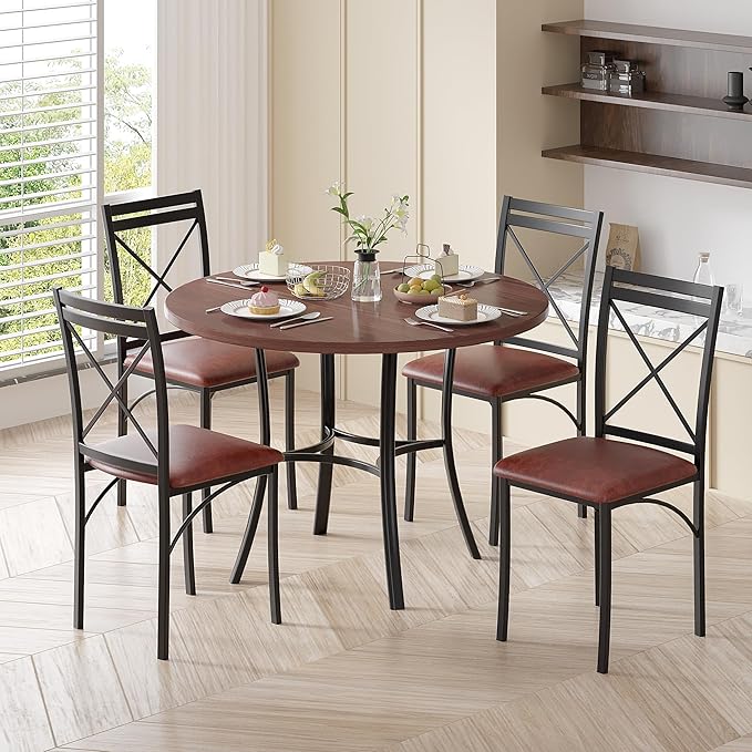 VECELO 36" Round Dining Table for 4, Wood Grain Dinette with Metal Frame for Kitchen, Apartment, Home, Space-Saving, Brown
