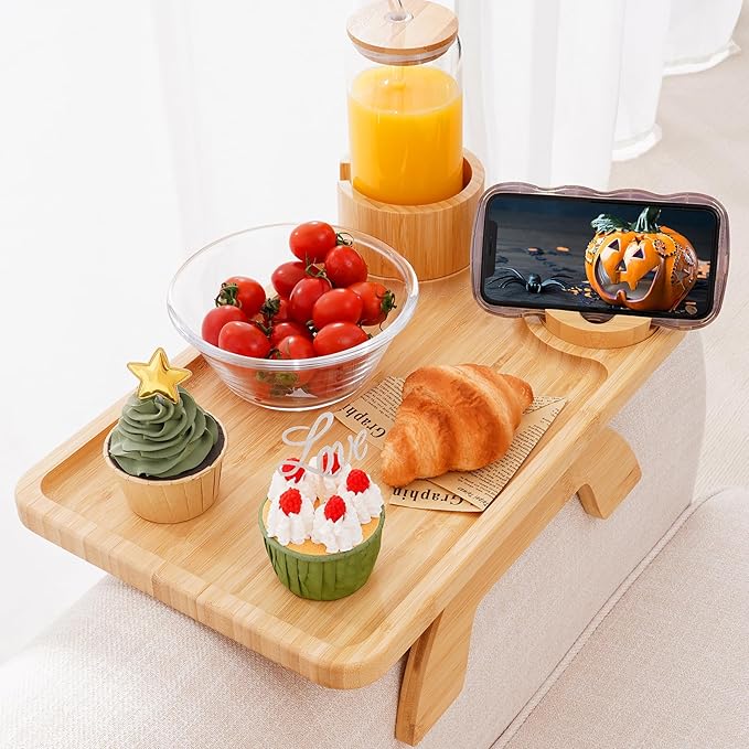 Nnewvante Couch Table on Arm,3 in 1 Large 15.36"x9.85" Bamboo Couch Cup Holder Sofa Arm Clip on TV Tray Table with 360°Rotated Phone/Cup Holder