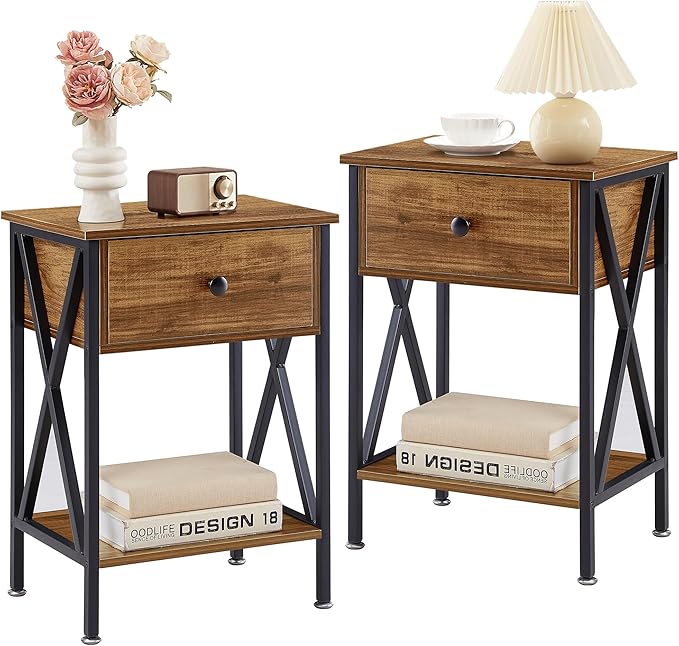 VECELO Nightstands Set of 2, Modern Bedside End Tables, Night Stands with Drawer and Storage Shelf for Living Room Bedroom, Industrial Metal Frame
