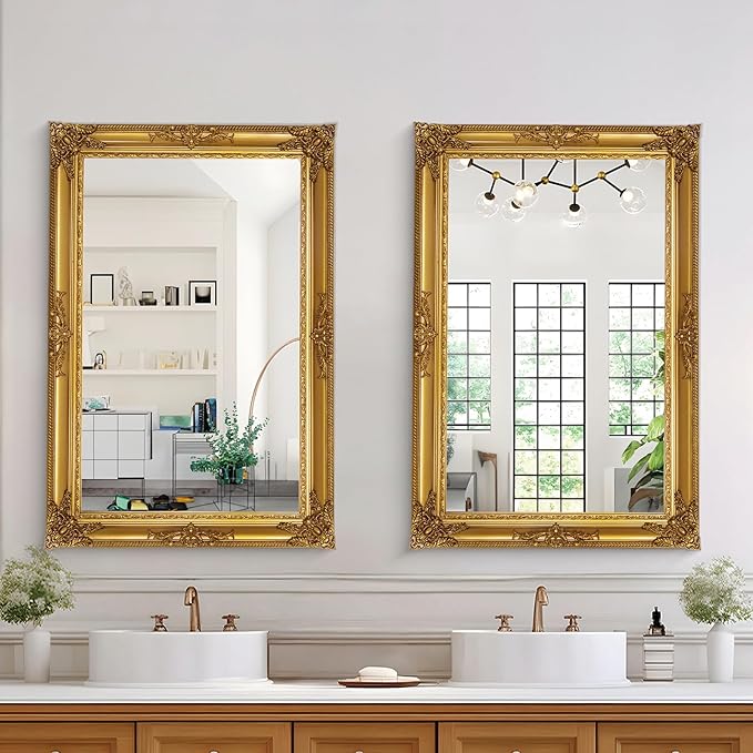 Large Antique Wall Decorative Mirror, 29.5" x 41" Gold Traditional Baroque Inspired Wall Decor Mirror, Vintage Wall Mirrors for Bedroom, Entryway, Dining Room, Fireplace