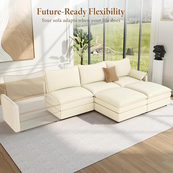 Vesgantti 108" U Shaped Sectional Couch, Comfy Cloud Modular Sectional Sofa with 2 Ottoman Deep Seat Chenille Modern Cloud Sofa, Modular Sofas for Living Room, Bedroom and Apartment, Beige