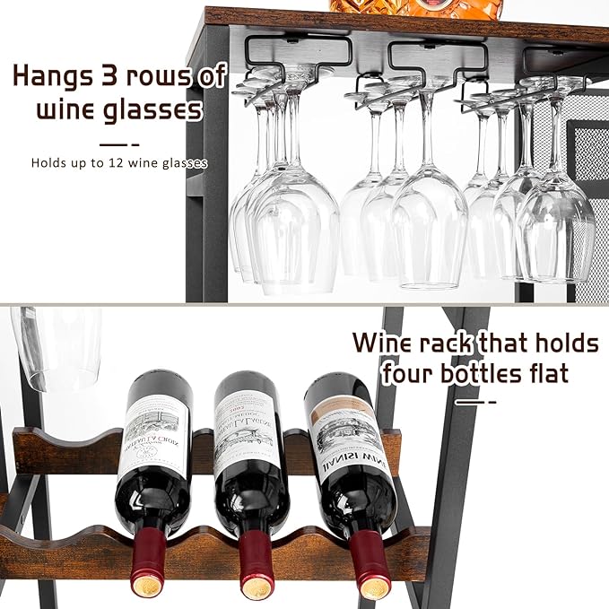 Versatile Liquor Stand for Home Bar, Wine Rack Freestanding Floor, Mini Bar Table for Liquor Whiskey Wine, 3-Tier Trapezoidal Liquor Bottle Display Shelf with Glass Holder and Fences(Patent Pending)